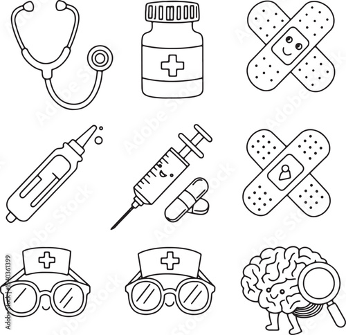 Cute Medical Illustrations Coloring Page Featuring Stethoscope, Pills, Bandages, and More