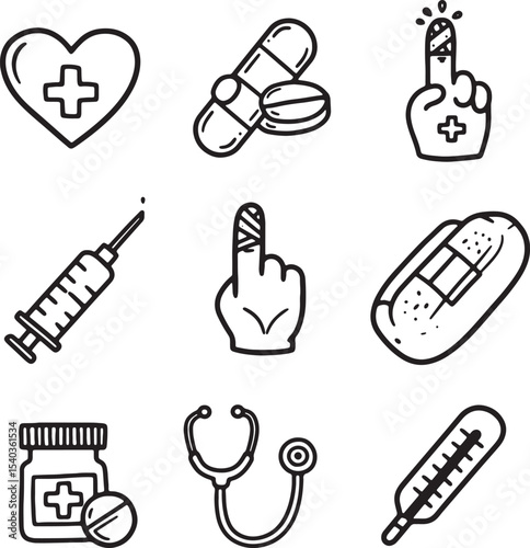 Hand-drawn Medical Icons Healthcare Symbols, First Aid Kit, and Doctor's Tools Illustrations