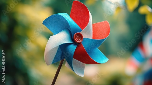 Fourth of July Design. Colorful pinwheel spinning in a garden setting.