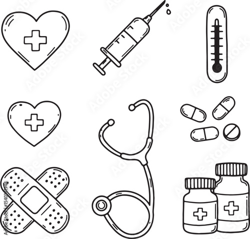 Medical Doodle Icons Healthcare, Wellness, and First Aid Illustrations