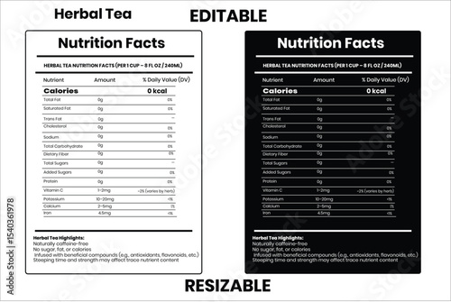 Herbal Tea, nutrition facts, nutrition, nutrition label, calories in food, nutrition info, supplement facts, vector template