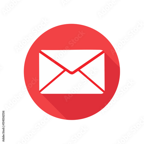 White envelope icon on red circle background for communication and notification with long shadow flat design