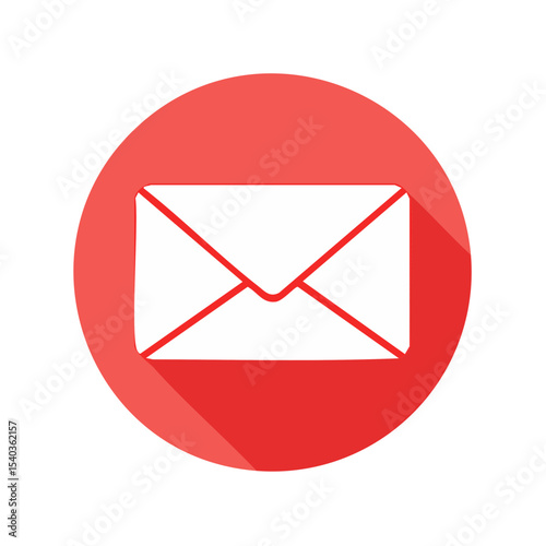 White envelope icon on red circle with shadow for sending email or mailing communication isolated on black background