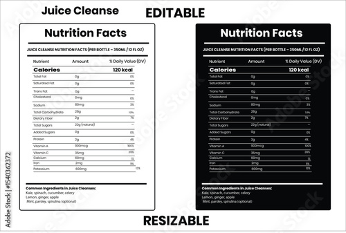 Juice Cleanse, nutrition facts, nutrition, nutrition label, calories in food, nutrition info, supplement facts, vector template