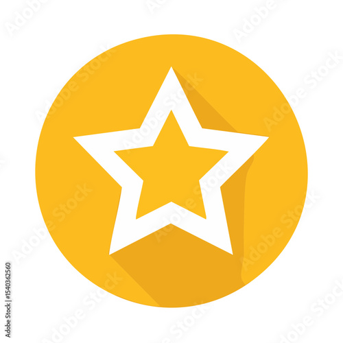 Star icon on yellow circle symbol of rating or favorites for web design element with long shadow effect against black background