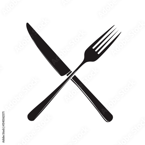 Silhouette of Crossed Knife and Fork Utensils on Black Background Restaurant Food Theme