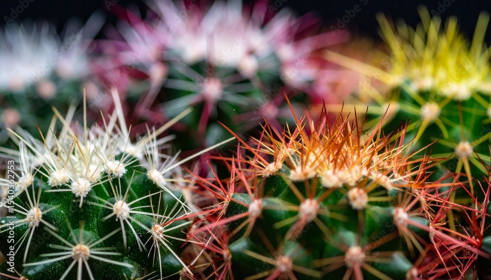 Extreme Close-Up of Colorful Cactus Spines Showing Intricate Sharp Details and Textures, Set Against a Dark Background with Dramatic Lighting for a Bold Visual Impact Extreme Close-Up of Colorful Cactus Spines Showing Intricate Sharp Details and Textures, Set Against a Dark Background with Dramatic Lighting for a Bold Visual Impact