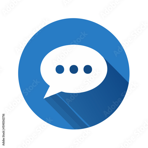 Chat bubble icon with ellipsis on a blue circle with long shadow. Symbolizes communication discussion message and feedback