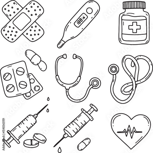 Medical Supplies and Healthcare Equipment Hand-Drawn Illustrations