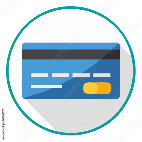 Blue Credit Card with Shadow on White Circle with Teal Border for Payments
