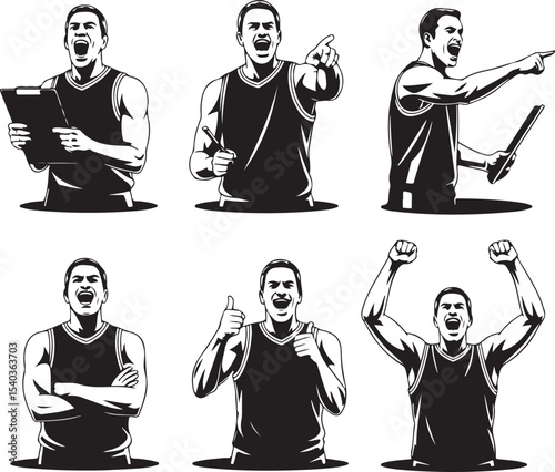 Vector Set of 6 Basketball Coach Silhouette Poses — Clipboard, Pointing, Arms Crossed, Celebrating — Clean Black on White Design