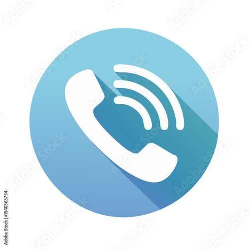 White telephone receiver icon on blue circle with sound waves, communication concept