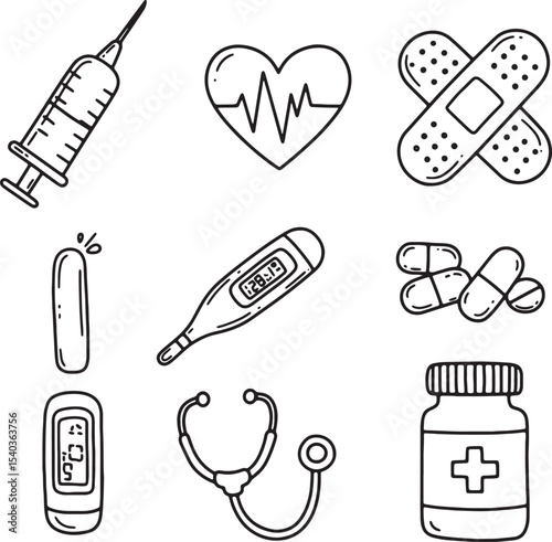 Medical Supplies and Healthcare Icons Syringe, Heartbeat, Bandage, Thermometer, Pills, Medicine Bottle, Stethoscope, Pulse Oximeter
