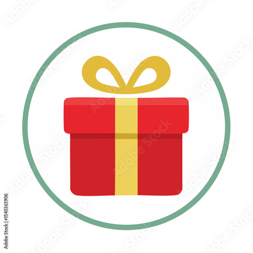 Red Gift Box with Gold Ribbon Icon Isolated on White Circle Decorative Element Present for Holidays or Celebrations