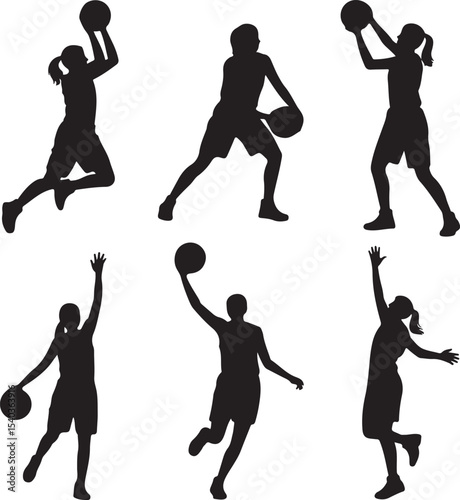 Set of 6 Female Basketball Player Silhouettes — Shooting, Dribbling, Guarding, Passing, Jumping, Celebrating — Flat Black Vector Icons on White