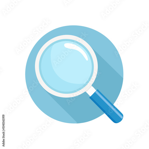 Magnifying glass on blue background. Search and investigation concept. Discovery and optical tool. Flat style with long shadow. Symbol of find