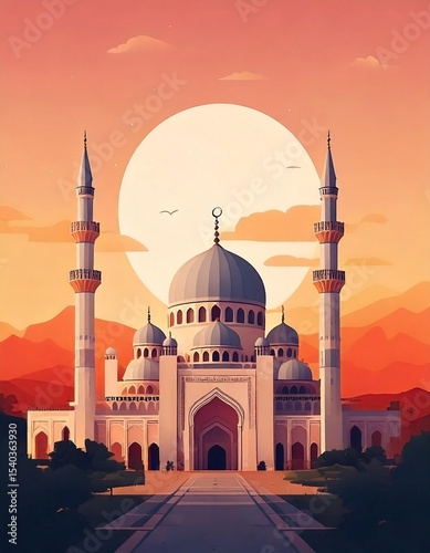 postcard illustration a mosque in flat art style at sunset
