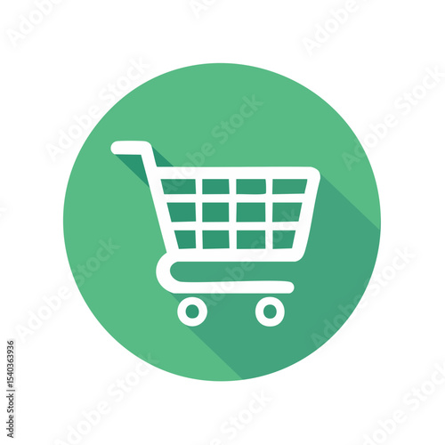 Shopping cart icon with long shadow vector illustration retail purchase marketing service green circle design element