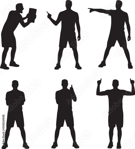 Vector Set of 6 Basketball Coach Silhouette Poses — Clipboard, Pointing, Arms Crossed, Celebrating — Clean Black on White Design