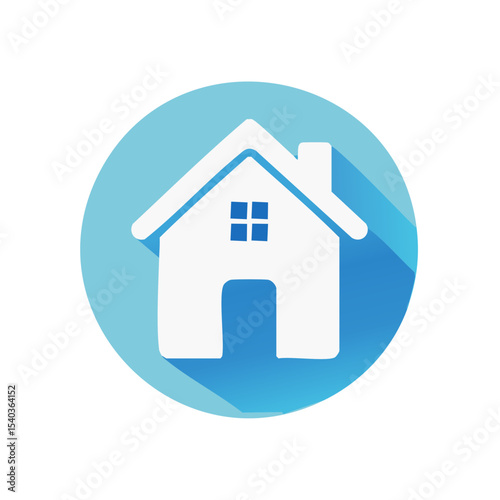 Simple White House Icon with Blue Circle Background, Long Shadow Style, Home Symbol