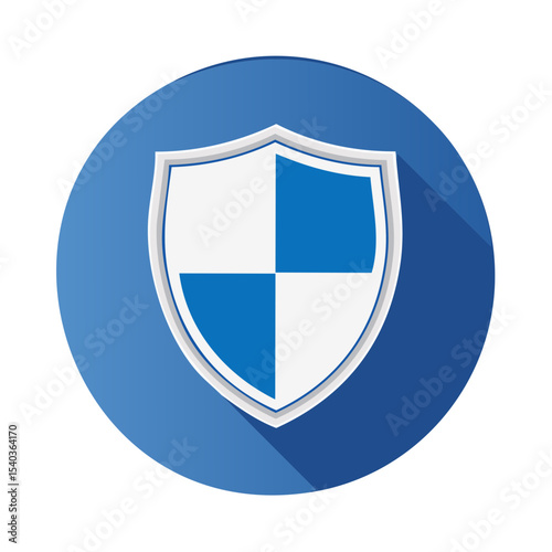 Shield icon on blue round background, symbolizing protection, security, and digital safety
