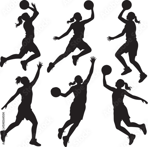 Set of 6 Female Basketball Player Silhouettes — Shooting, Dribbling, Guarding, Passing, Jumping, Celebrating — Flat Black Vector Icons on White