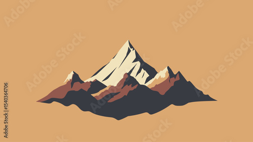 A stylized vector illustration depicting a mountain range at sunset. The image features a simplified, almost cartoonish representation of mountains with a large central peak and smaller peaks on