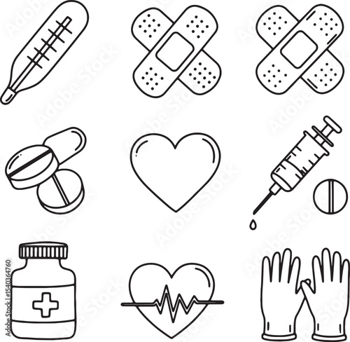 Medical Line Art Icons Healthcare, Wellness, and First Aid Graphics