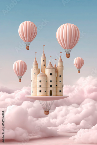Fantasy floating castle suspended by a balloon among soft pink clouds and surrounded by whimsical hot air balloons in the sky