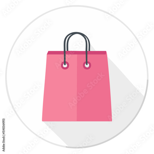 Minimalist pink shopping bag icon with long shadow on white circle for retail e-commerce deals and promotion flat vector design