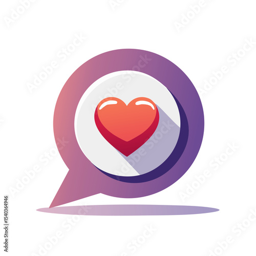 Red heart inside a purple speech bubble floating illustration, vector icon graphic, romance, love, and messaging concept