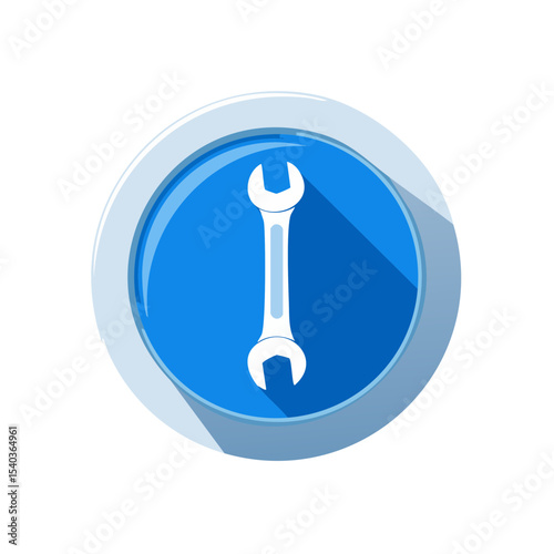 White Wrench Icon in Blue Circle Button with Shadow Mechanic Tool Symbol