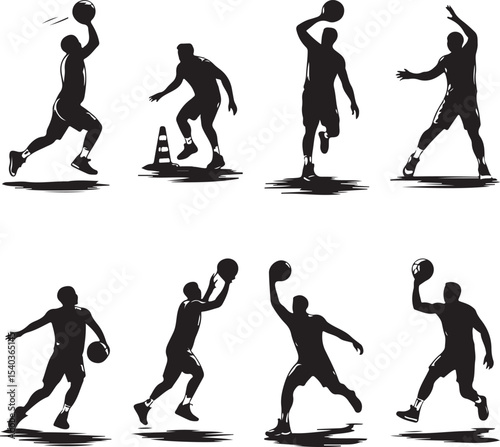 Basketball Practice Action Silhouettes Vector Set in Black on White

