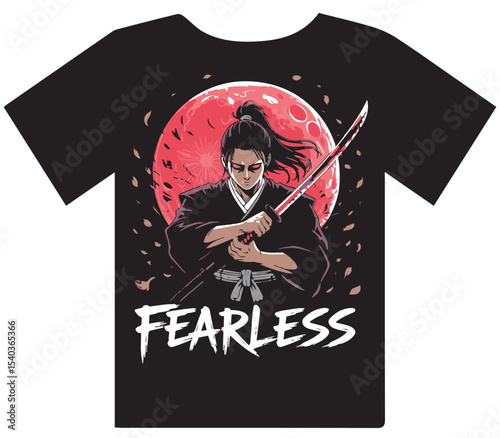 Fearless" Japanese Samurai Warrior with Katana and Red Sun T-Shirt Design
