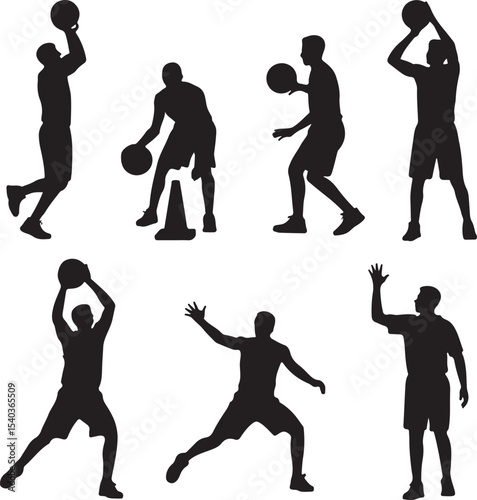 Basketball Practice Action Silhouettes Vector Set in Black on White


