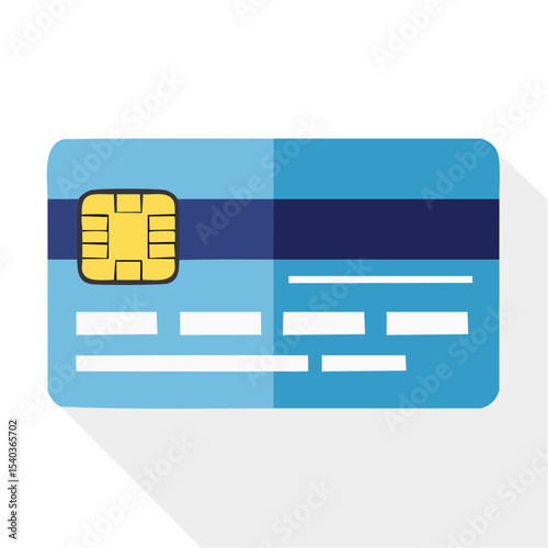 Illustration of a blue credit card with chip for payment and financial transactions. Graphic design for digital commerce and banking services.