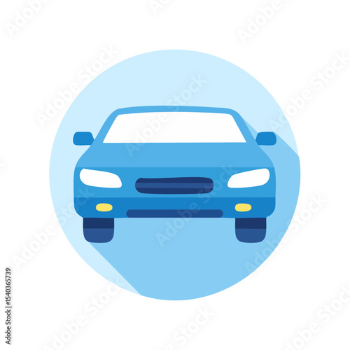 Stylized blue car graphic icon facing forward on a light blue circle with a long shadow showing vehicle transport