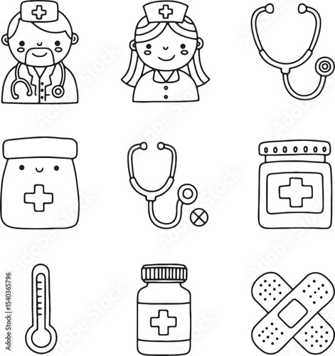 Adorable Medical Icons Doctor, Nurse, Stethoscope, Medicine, and Healthcare Symbols
