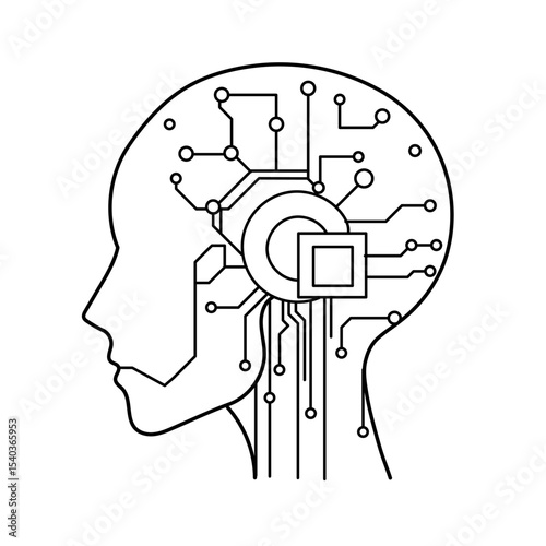 Minimal profile of a head with internal chip and radiating tech circuits, concept of smart technology and embedded AI systems.