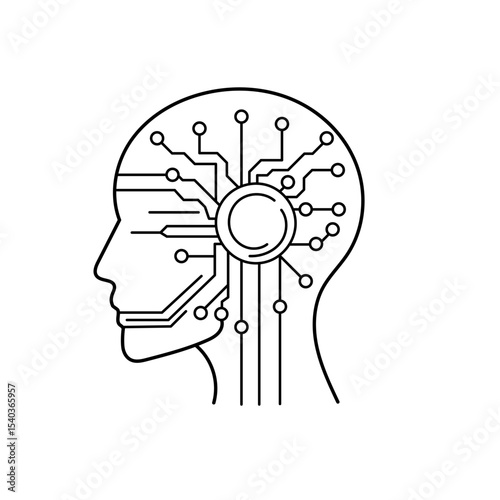 Line art of a human head with circular tech node and thin neural circuits, representing artificial intelligence and machine perception.