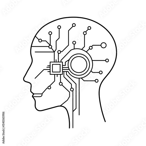 Minimal line drawing of a tech-enhanced head with internal ring and circuit interface, focused on futuristic neural processing.