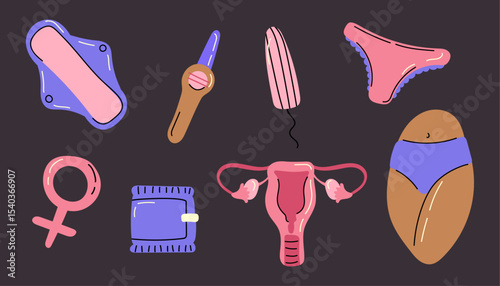 Cute hand drawn menstrual periods set: sanitary pads, tampons, ovulation pregnancy test, feminine intimate hygiene stuff. Collection of groovy cute funky boho illustration elements