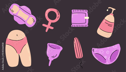 Cute hand drawn menstrual periods set: sanitary pads, tampons, menstrual cup, feminine intimate hygiene stuff. Collection of groovy cute funky boho illustration elements