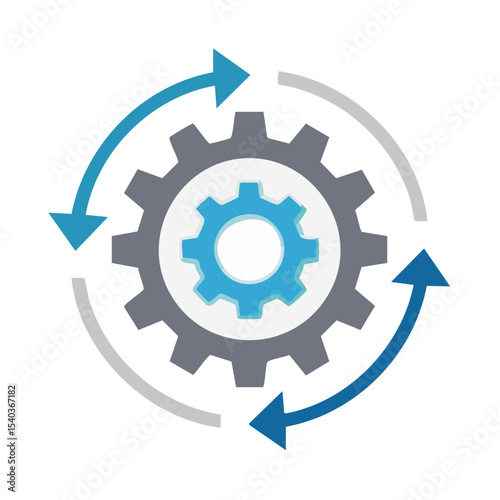 Gear mechanism with circular arrows depicting process cycle or workflow concept for business and technology designs illustration on black background