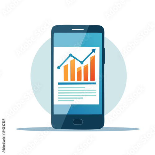 Smartphone showing business data analytics graphs and charts growth trends on screen for mobile financial strategy planning