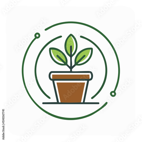 Potted plant illustration with green leaves inside circular connection loop, representing growth, sustainability, and environmental responsibility