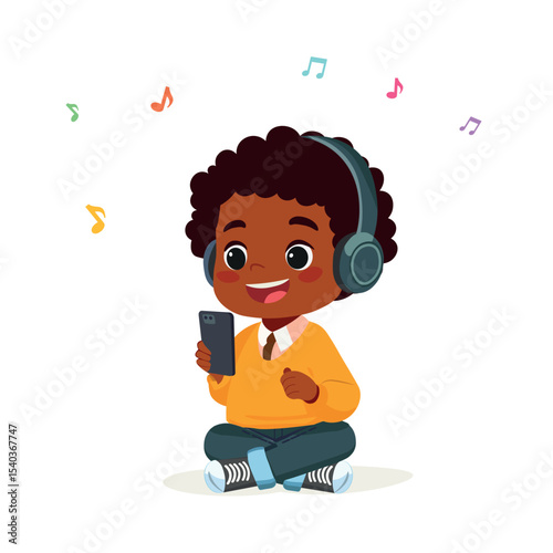 kid boy sitting and listening to music  cartoon vector illustration