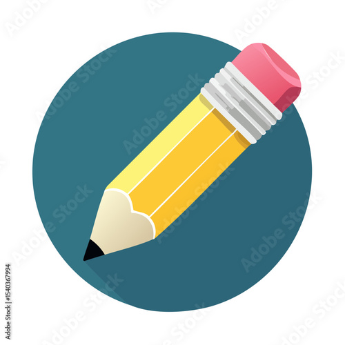 Yellow Pencil with Eraser Icon in Flat Design Style on Blue Background Illustration