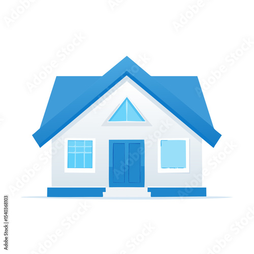 Cartoon House Illustration with Blue Roof, White Walls, Doors and Windows on Black Background
