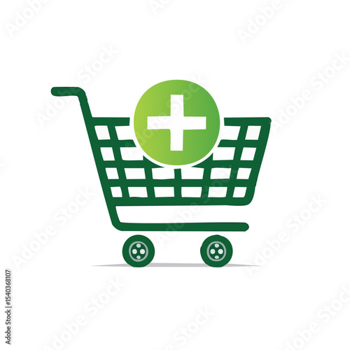 Green Shopping Cart with Plus Sign Icon for Adding Items to Online Purchases on Black Background